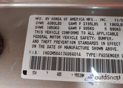 2007 Honda Accord 2.4 Lx из США, поврежденный, VIN 1HGCM56417A064014